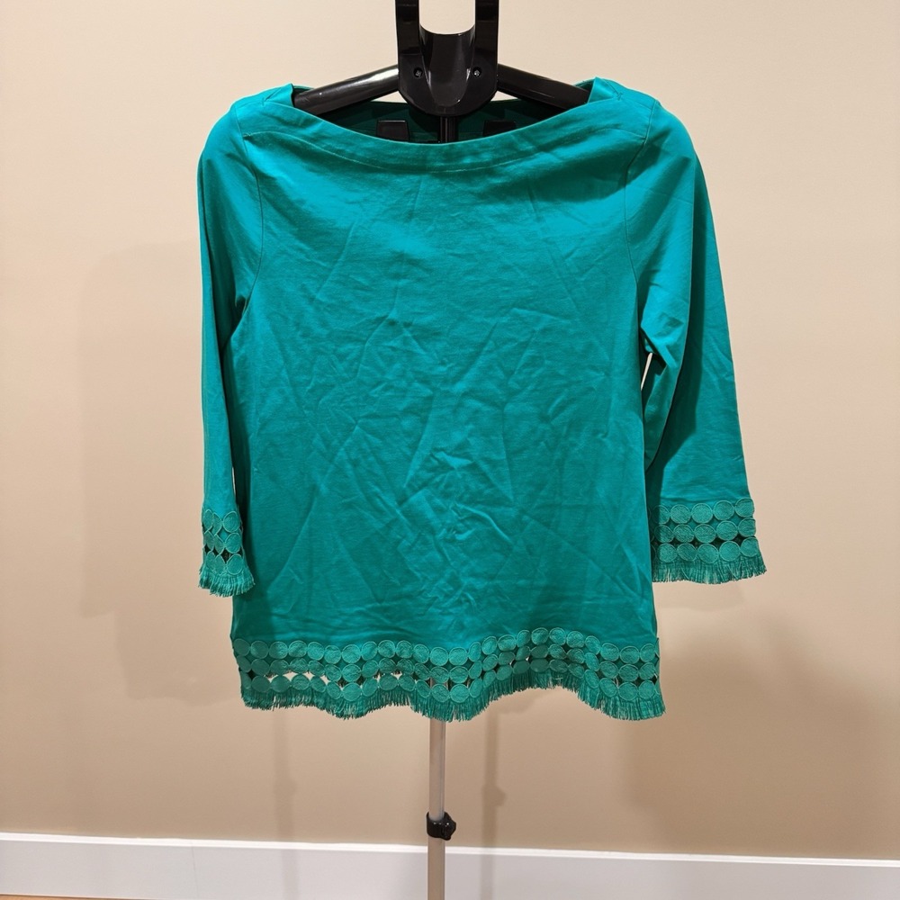 Talbots Pima Cotton Boat Neck Fringe Hem 3/4 Sleeve Tunic Tee Teal Size Medium